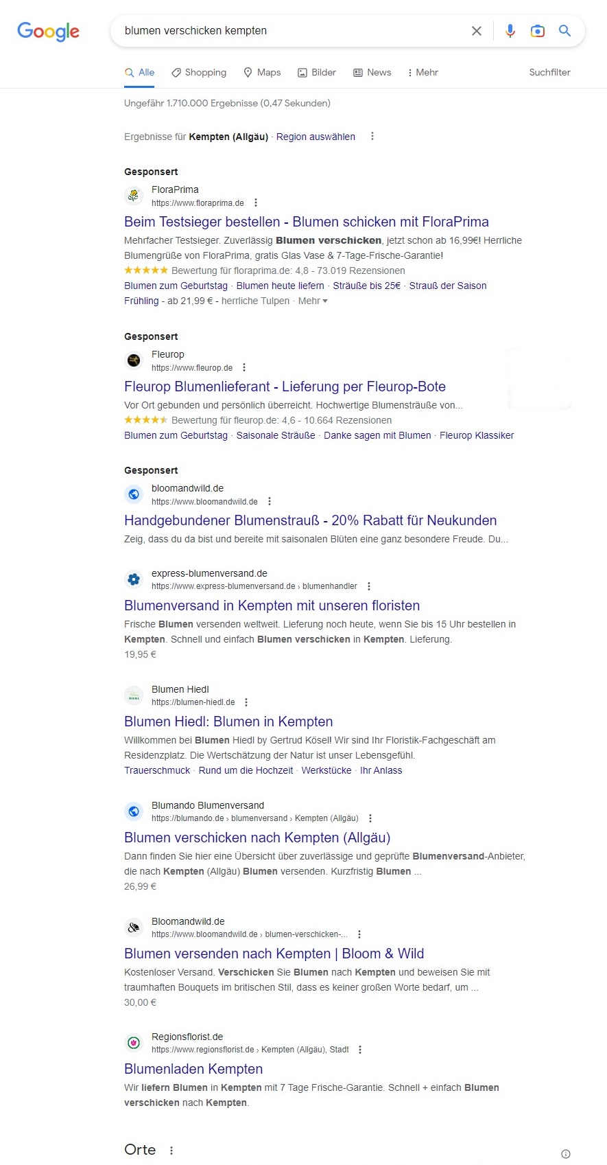 Bildausschnitt Suchergebnisse der Googlesuche Blumen verschicken Kempten
