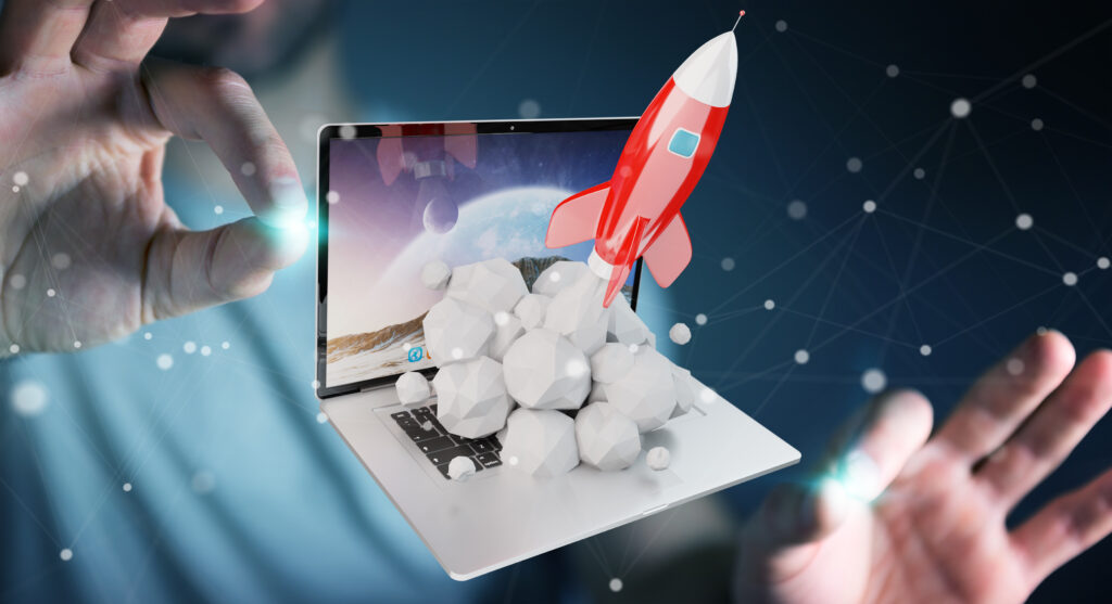 Illustration, Vision eines Laptops aus dem eine Rakete startet