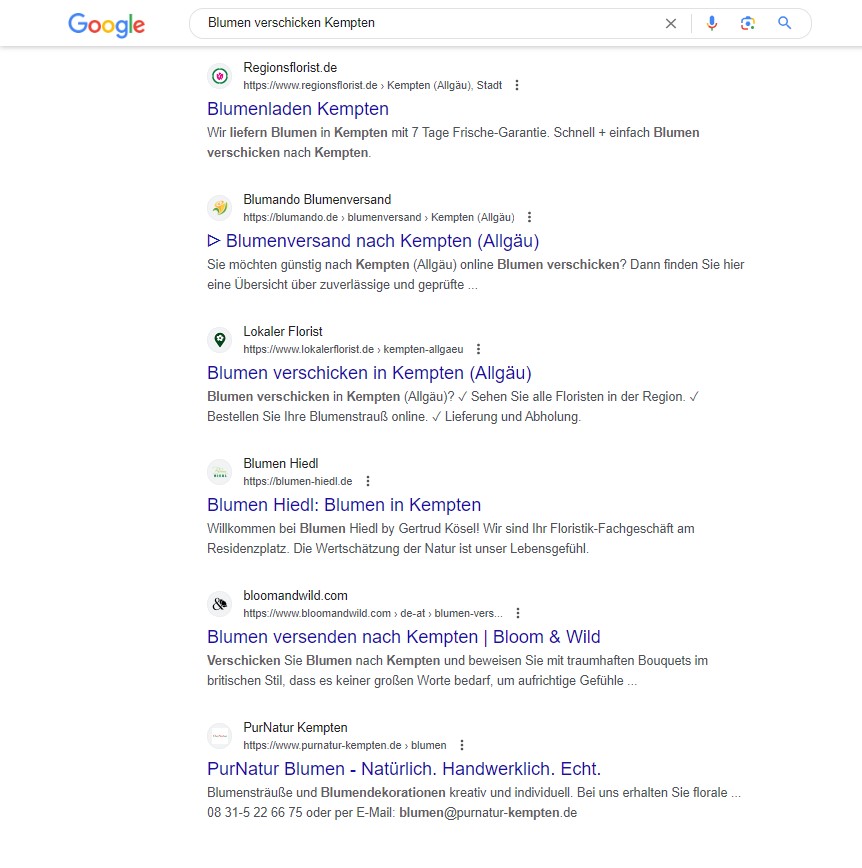 Bildausschnitt der Ergebnisse einer Googlesuche nach Blumen verschicken Kempten
