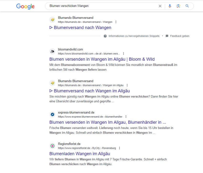 Bildausschnitt der Google Suchergebnisse zum Thema "Blumen verschicken Wangen"