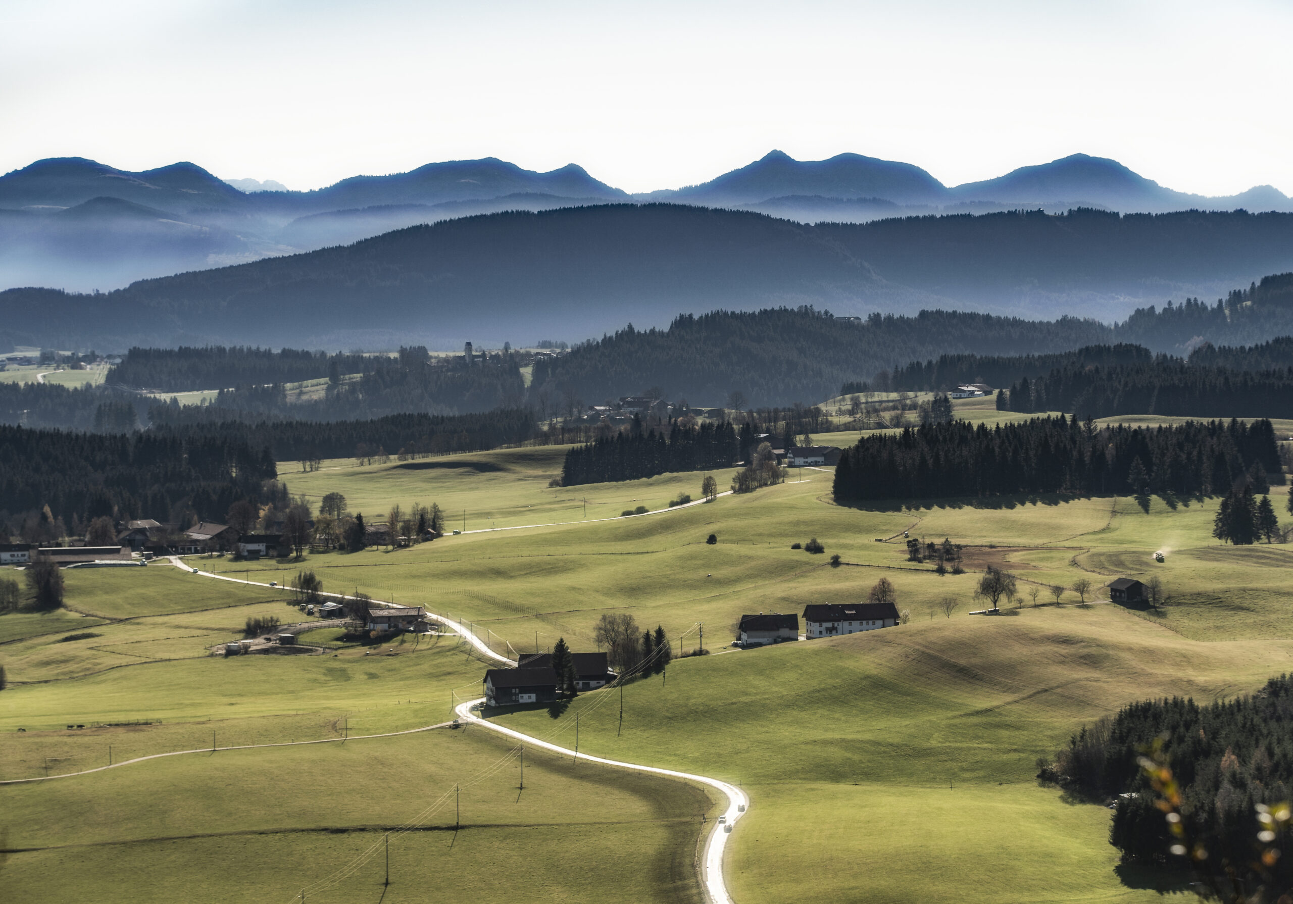 Landschaftaufnahme Felder, Wald und Alpen bei Kempten