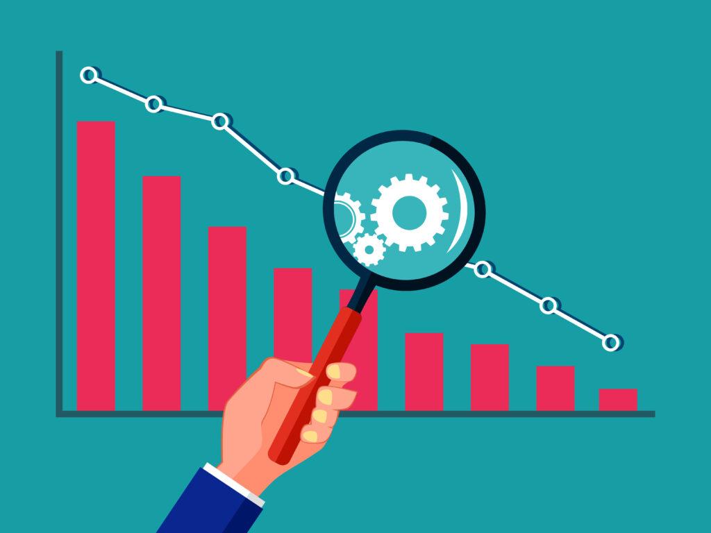 Illustration Balkendiagramm mit Lupe auf Zahnräder fokussiert.