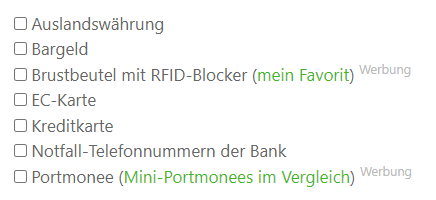 Auflistung Packliste