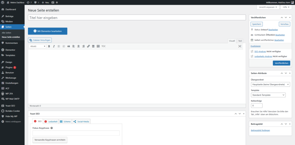 Bildausschnitt von der Benutzeroberfläche von WordPress.