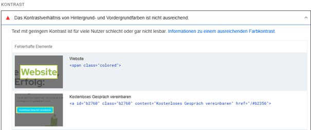 Das Bild zeigt einen Ausschnitt einer durchgeführten Kontrastanalyse von einer Website. Des Ergebnis ist nicht ausreichend.