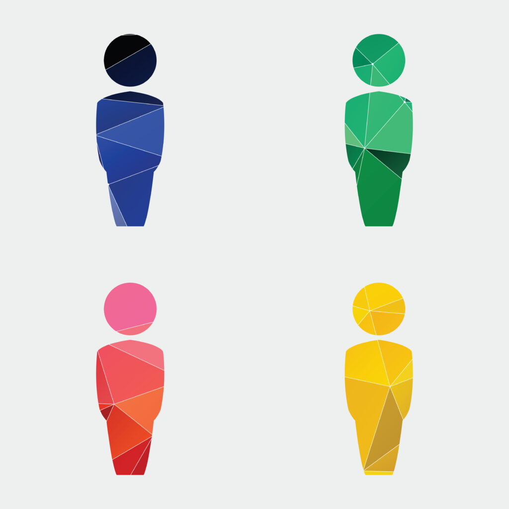 Abbildung von vier abstrakten Männchen in den Farben Blau, Grün, Rot und Gelb.