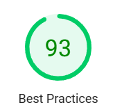 Ergebnis aus PageSpeed Insights zu Best Practices. Ein grüner Kreis mit einer 93 in der Mitte.