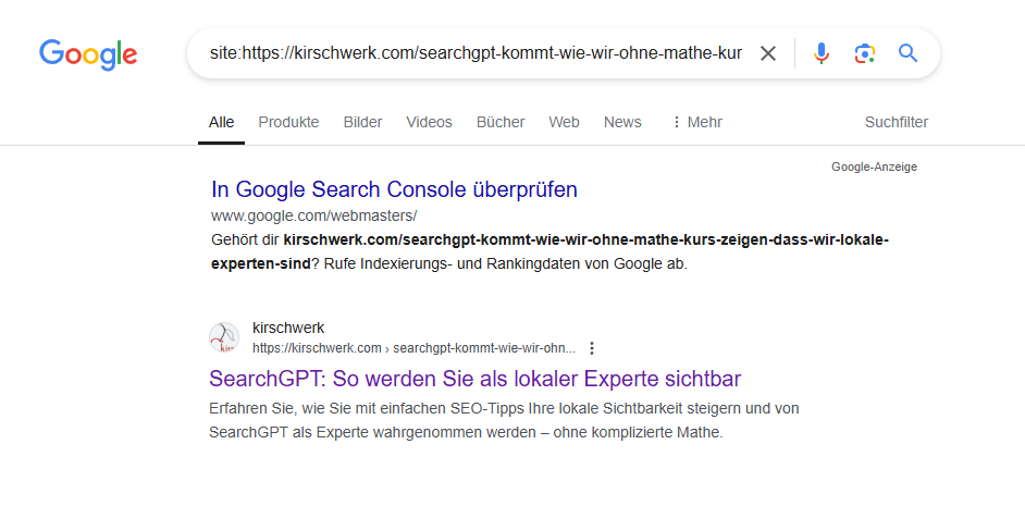 Bildausschnitt einer gezielten Suche auf Google nach dem Link eines kirschwerk GmbH Blogbeitrages.
