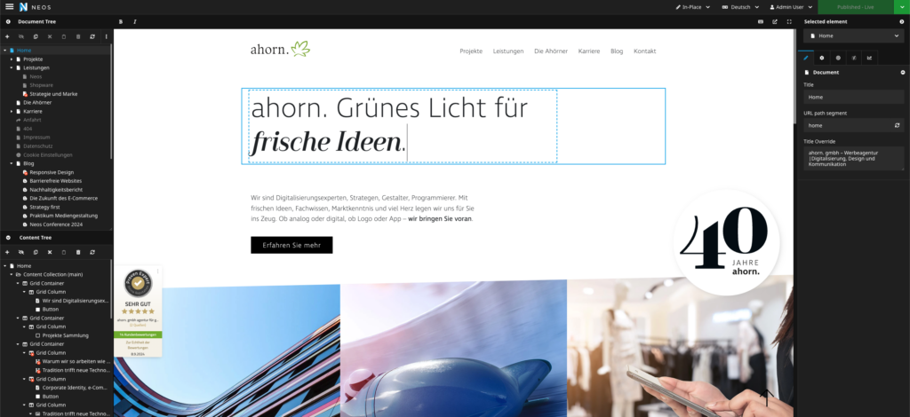 Bildausschnitt der Benutzeroberfläche von Neos CMS.