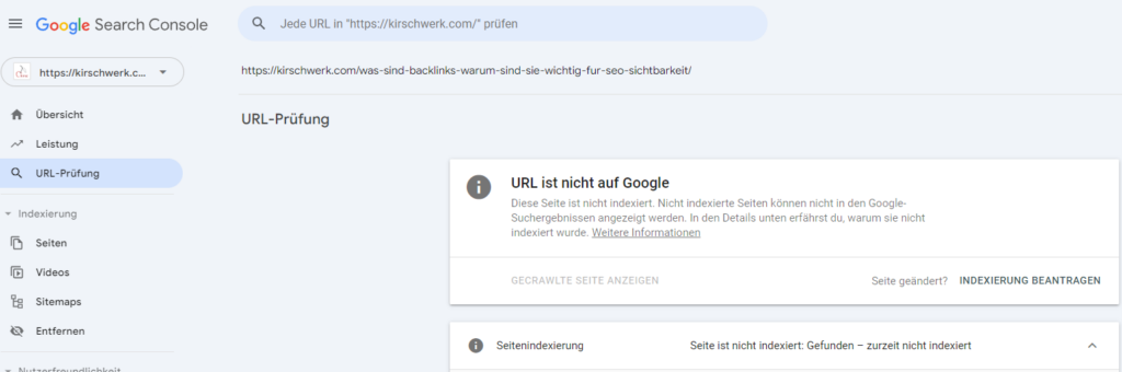 Schaubild Google Search Console Überprüfung, URL ist nicht auf Google vorhanden
