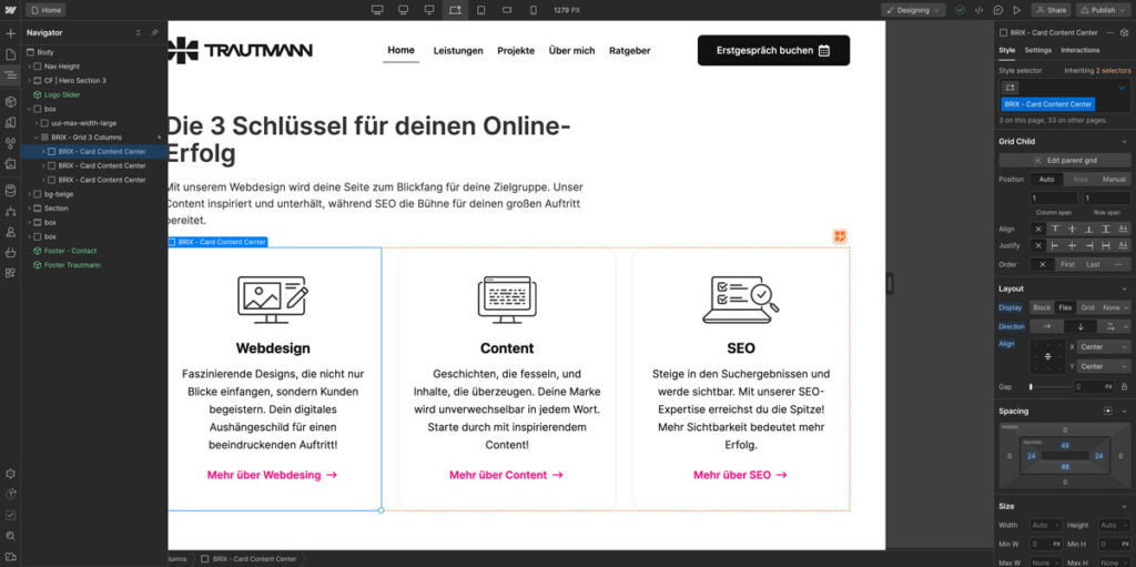 Bildausschnitt der Benutzeroberfläche von Webflow.