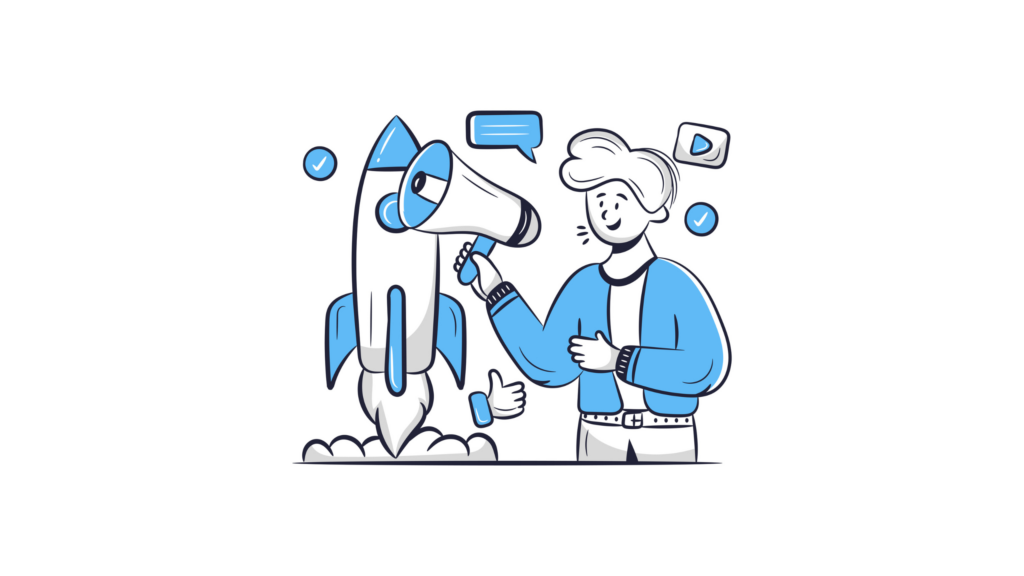 Illustration eines jungen Mannes, der ein Megafon hält. Im Hintergrund hebt eine Rakete ab.