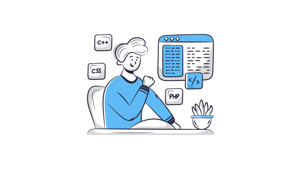 Illustration eines jungen Mannes der sich sichtlich über Erfolg seiner Website freut. Symbole der Programmiersprachen CSS, PHP und C++ sind um ihn herum zu sehen.